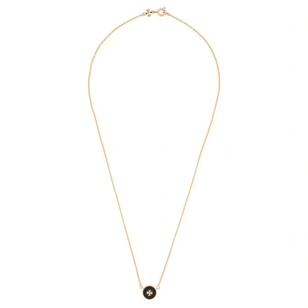 TORY BURCH • Black Raised Enamel Logo Pendant Necklace
